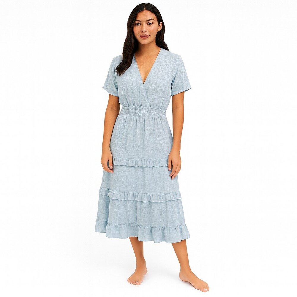Heyson Women’s Light Blue Tiered Ruffle Midi Dress Size Small NWT V Neck